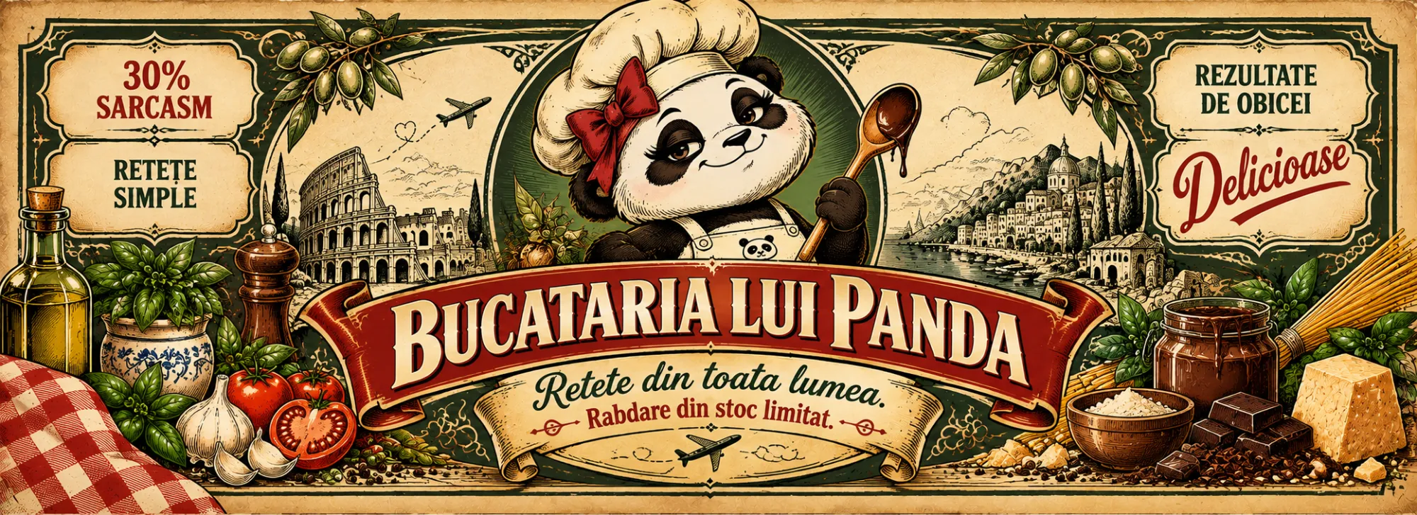 Bucataria lui Panda: o panda bucatareasa cu funda rosie si lingura cu ciocolata, intre Colosseum, un oras pe malul marii si ingrediente. Retete din toata lumea, rabdare din stoc limitat.